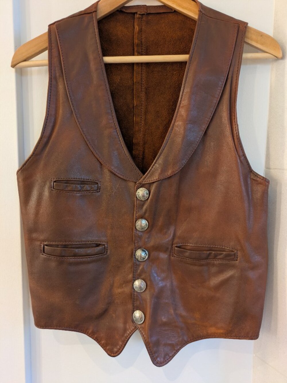 VTG 70s Brown Leather Western Vest Buffalo Nickel Buttons 1935 1936 Cowhide S.